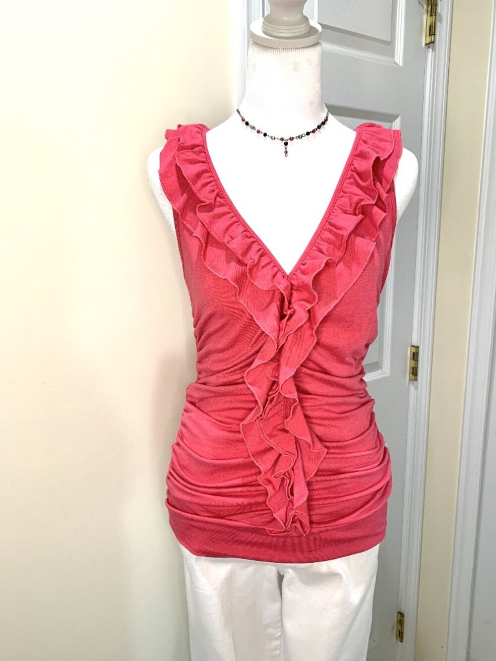 XOXO Coral Pink Sleeveless Women Blouse with Cascading Ruffles V-Neck Size L
